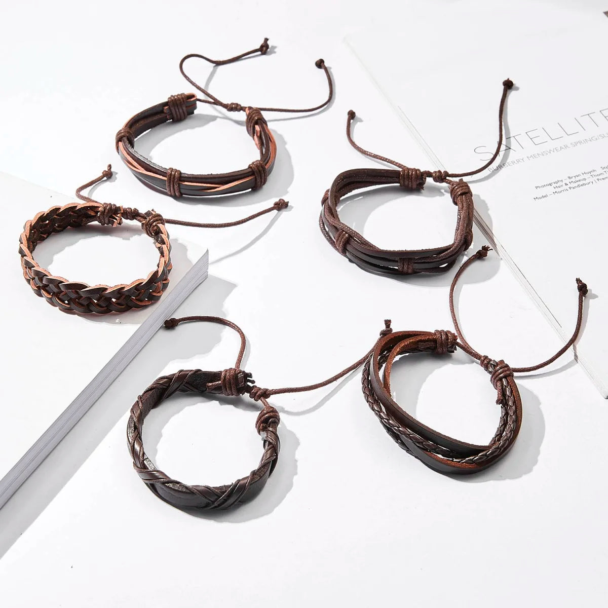 5Pcs/Set Minimalist Multilayer Brown Leather Bracelets For Men Women Vintage Punk Handmade Woven Twist Bangles Charm Jewelry
