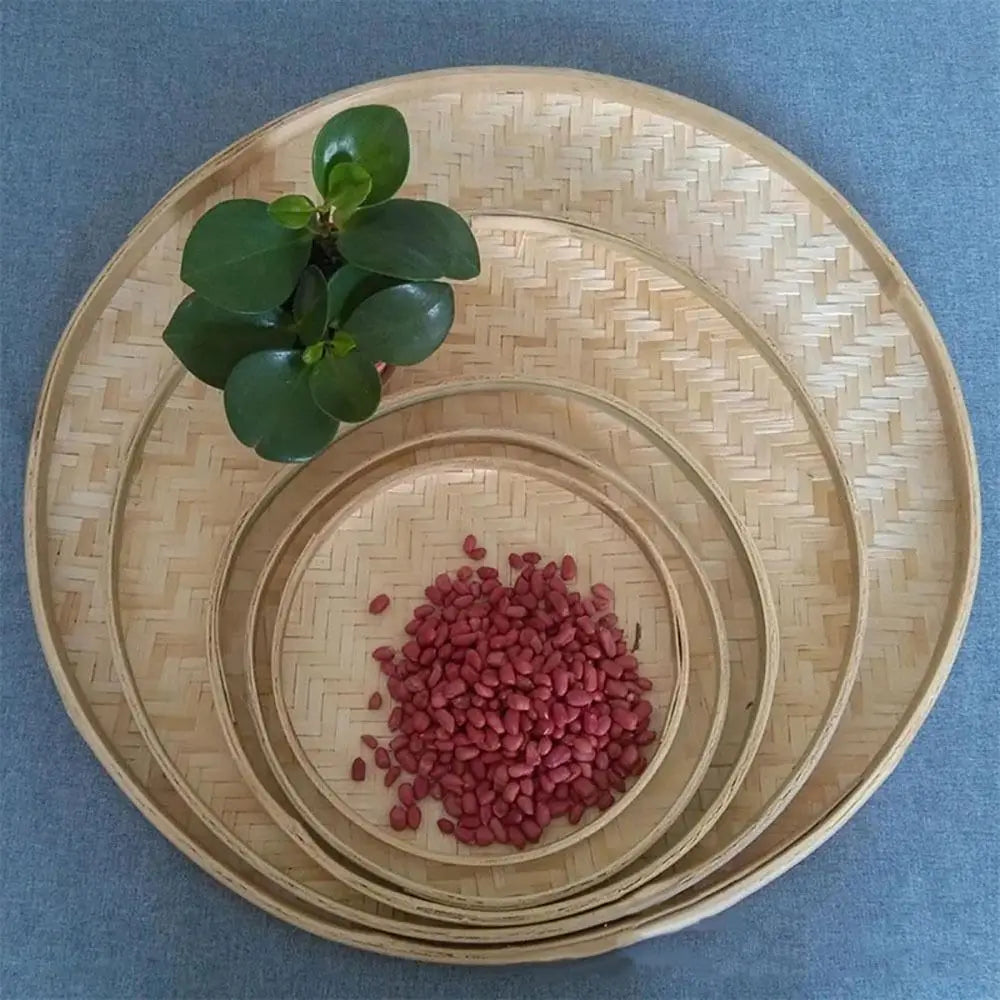 4 Size Hand-woven Bamboo Sieve Hand-painted Bamboo Raft Round Dustpan DIY Decorative Fruit Bread Basket Kitchen Storage Tray
