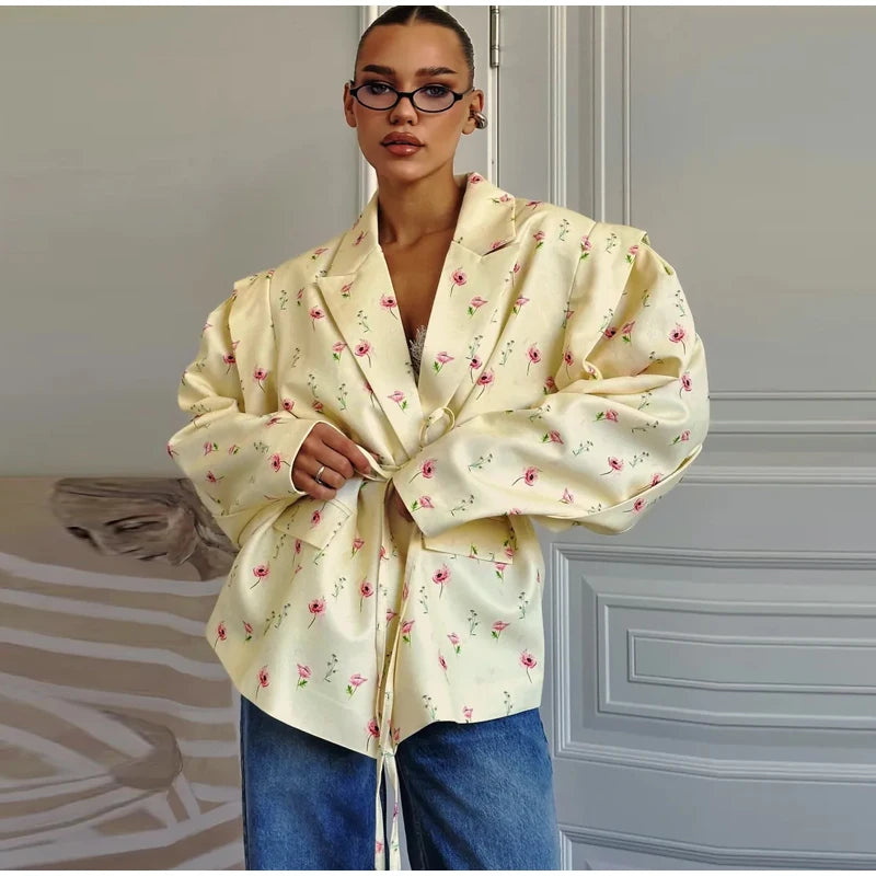 Floral Printed Blazer Jacket Women Fashion Lapel Long Sleeve Lace Up Waist Coats Autumn Lady Shoulder Pads Outerwear Blazer