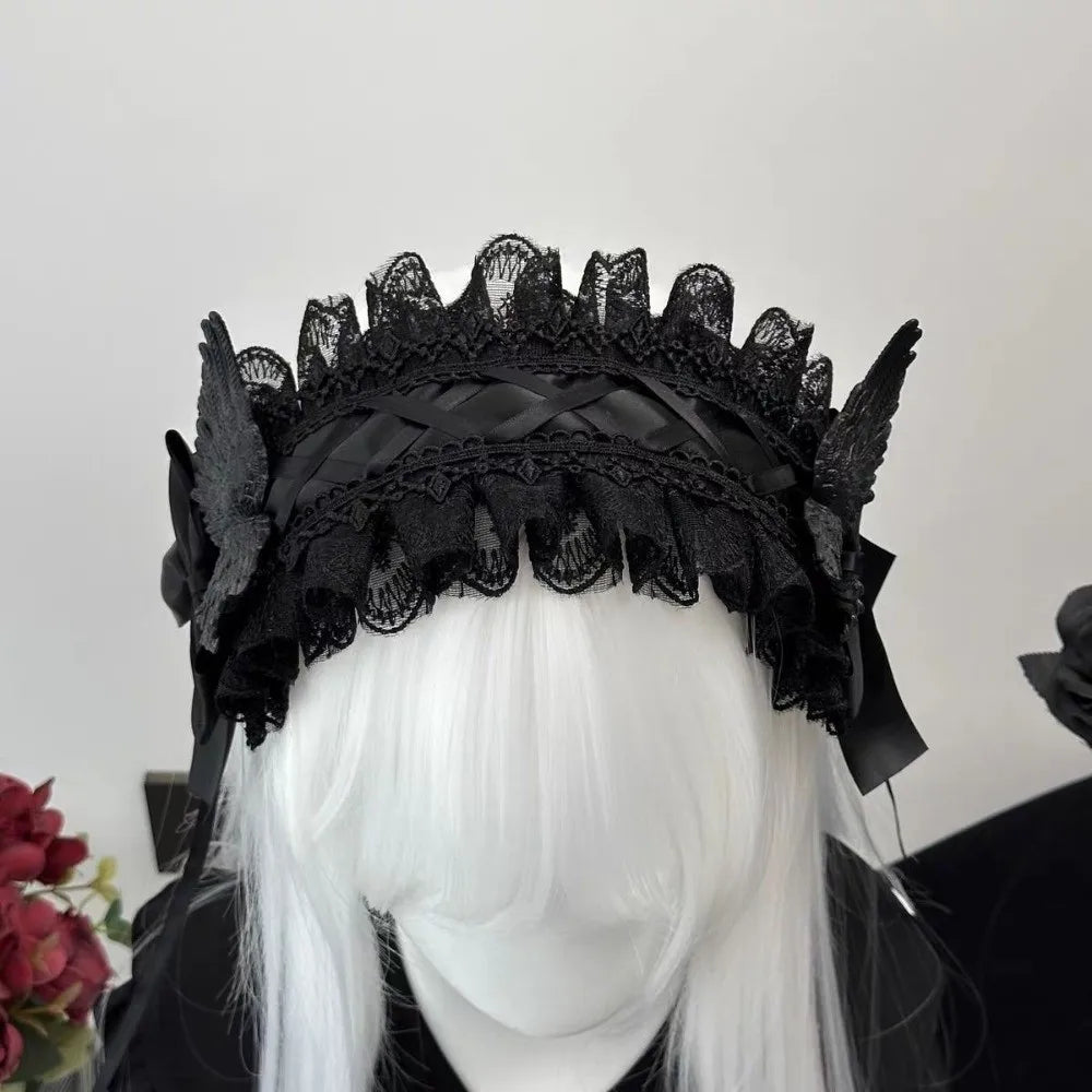 New Lace Lolita Wing Angel Headband Ribbon Bowknot Gothic Hair Band Sweet Cosplay Headdress Headwear