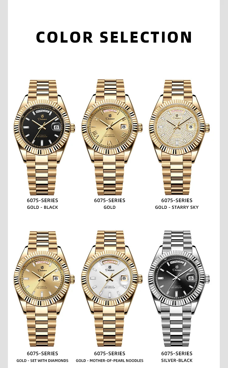 Dulunwe Automatic Watches for Men Day Date Classic 41MM Retro Mechanical Wristwatch 3ATM Waterproof Screw-in Crown Design