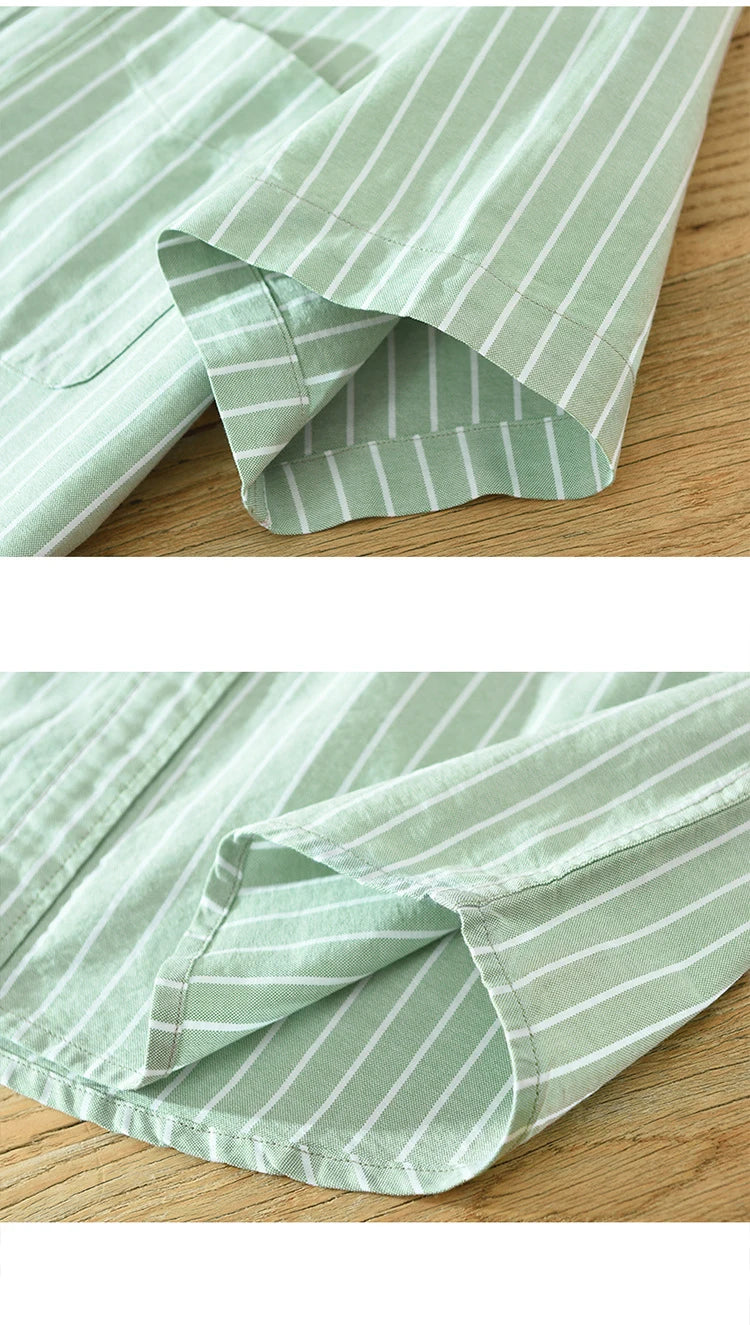 Green Striped Short Sleeve Shirts for Men Casual Turn-down Collar Tops Man Summer New Fashion Button Up Shirt Clothing