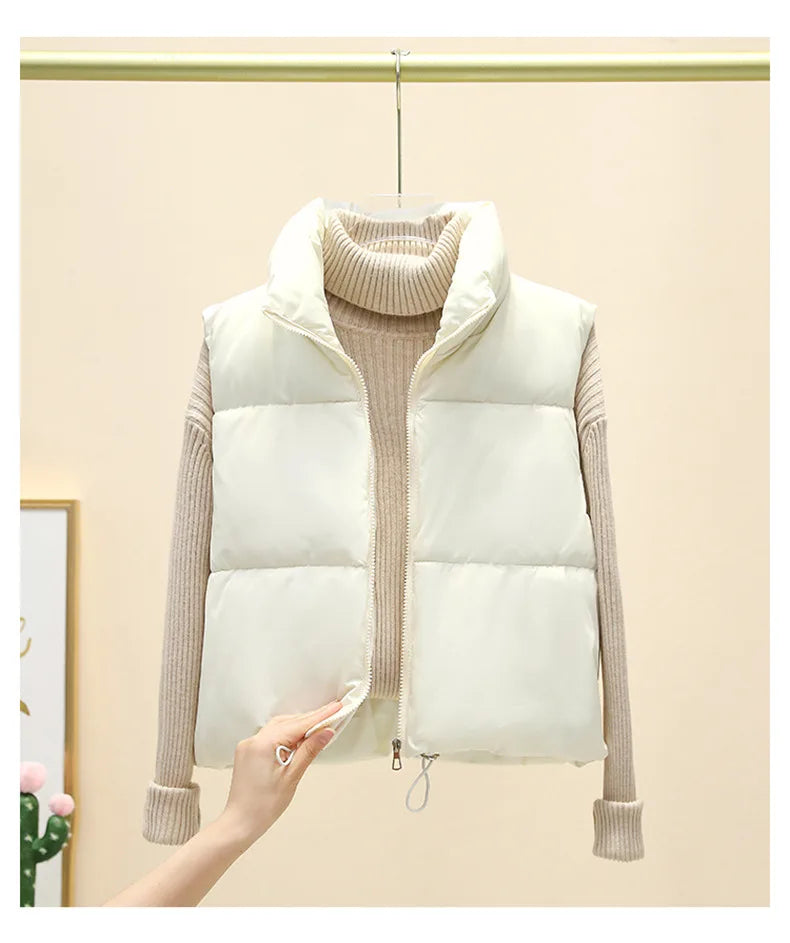 Winter Short Down Sleeveless Vest Women Warm Stand Collar Zipper Jacket Casual Fashion Quilted Cropped Coats Street Outerwears