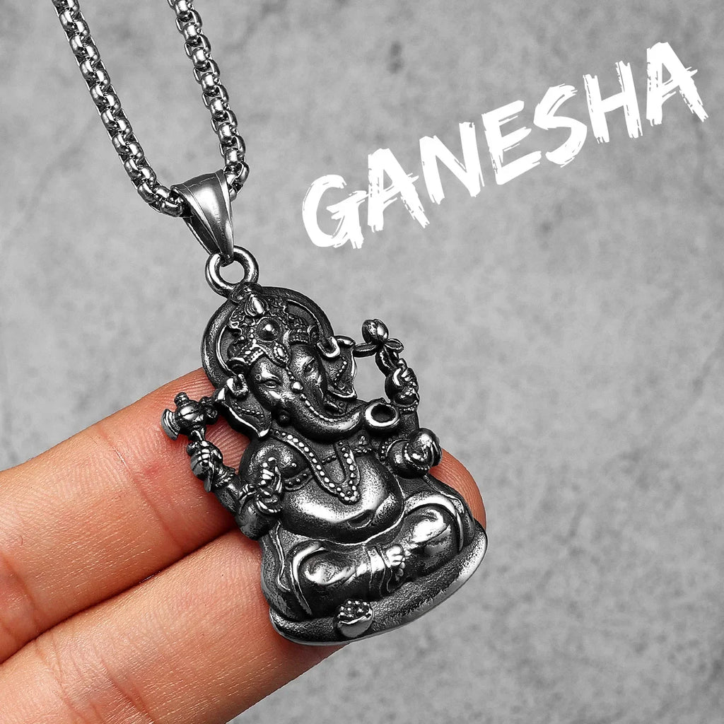 Hinduism Ganesha Powerful Amulet Men Necklaces Stainless Steel Pendant Chain Women Jewelry Vintage Accessories Gifts Wholesale