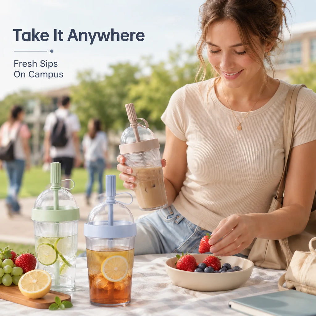 Portable Plastic Coffee Tumbler with Lid Straw Reusable Transparent Water Cup for Office School Gym Outdoor Travel