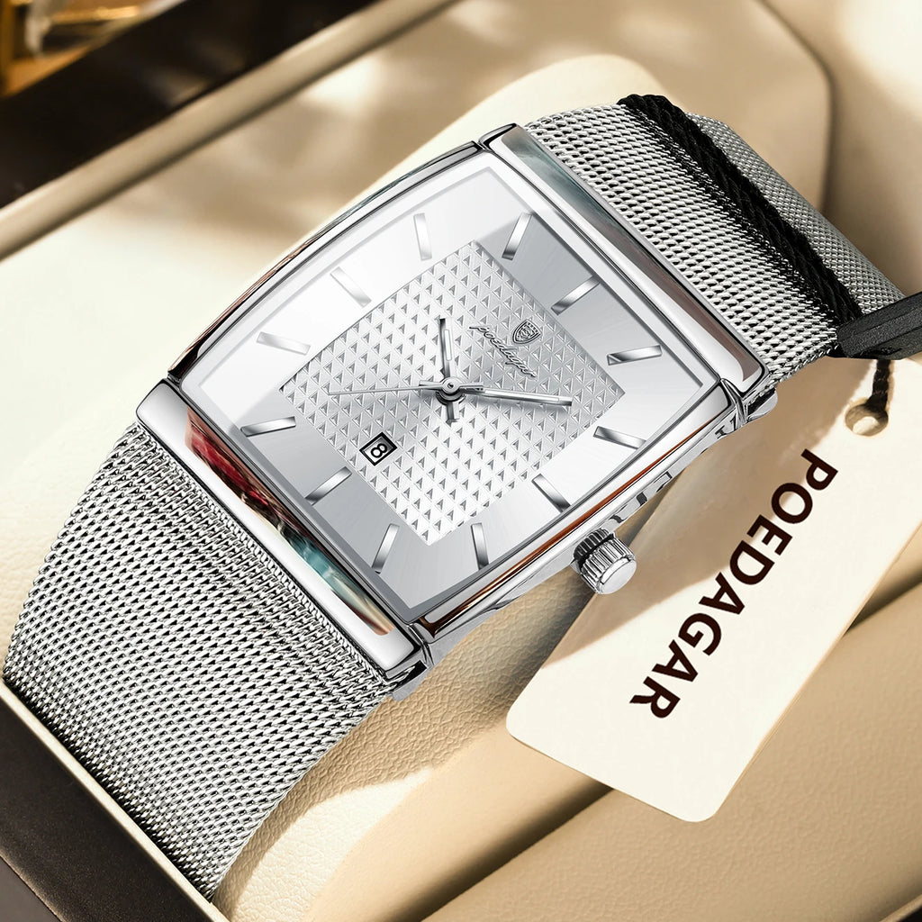 POEDAGAR Luxury Business Men's Watch Stainless Steel Mesh Waterproof Luminous Man Wristwatch Date Quartz Fashion Watches For Men