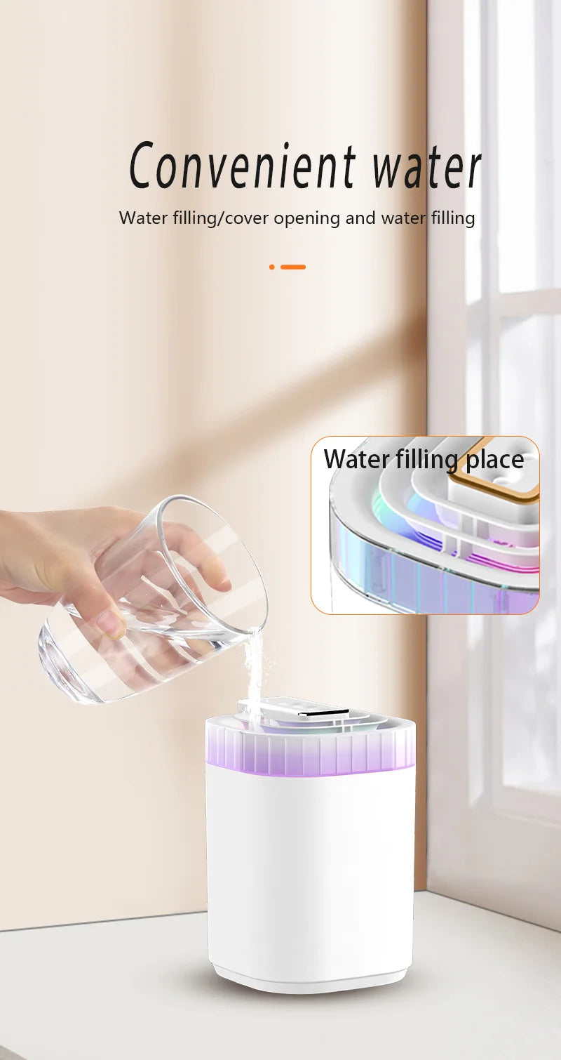 Humidificador de ar ultrassónico de 3L com névoa fria, luz noturna e três bicos, humidificador aromático USB silencioso para casa