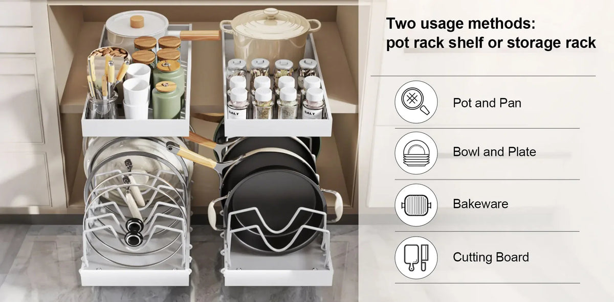Pull‑out Sliding Kitchen Storage Rack Multifunctional Drawer Organizer for Pan Lids Spices Bowls Plates Cookware Storage