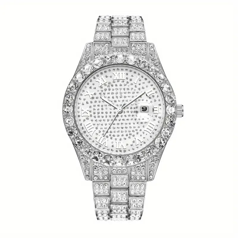 2 pieces/set of luxury men's hip-hop watches, adorned with sparkling artificial diamonds and Cuban chain bracelets