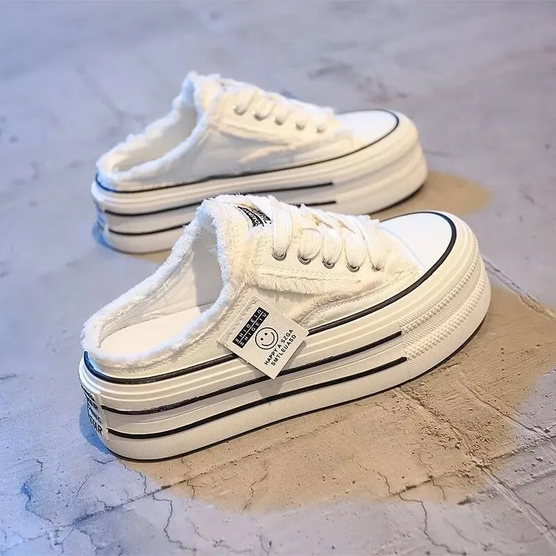 Women's Baotou Slippers Autumn New Round Head Lace-up Canvas Shoes No Heel Lazy Thick Sole Half Drag