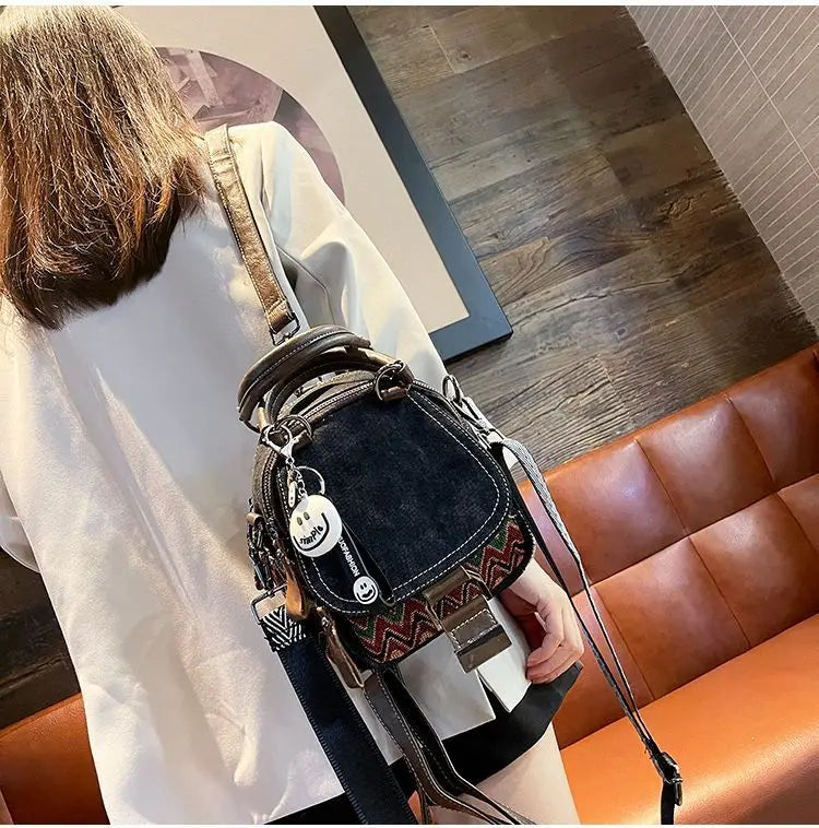 Denim Small Backpack  New Contrast Color Women Bag Retro Ethnic Style Embroidered Multifunctional Bagpack Crossbody Bolsa