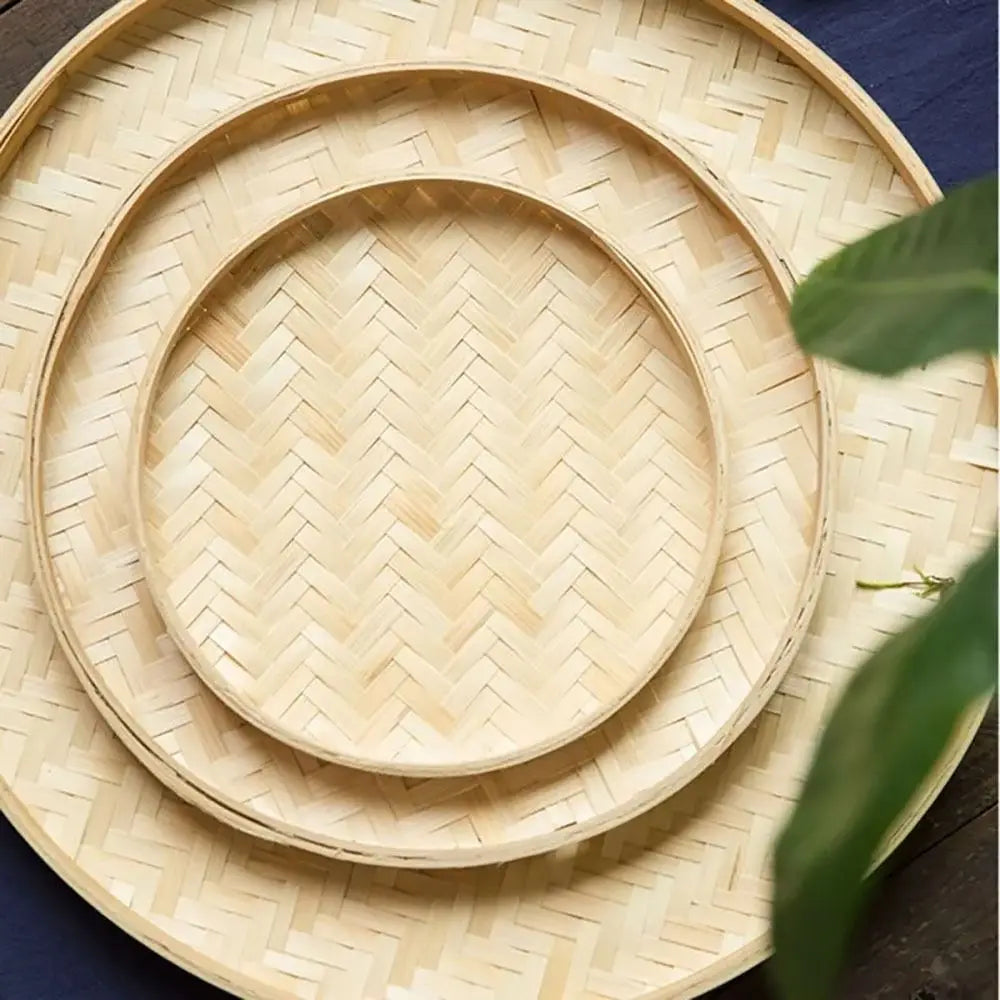 4 Size Hand-woven Bamboo Sieve Hand-painted Bamboo Raft Round Dustpan DIY Decorative Fruit Bread Basket Kitchen Storage Tray