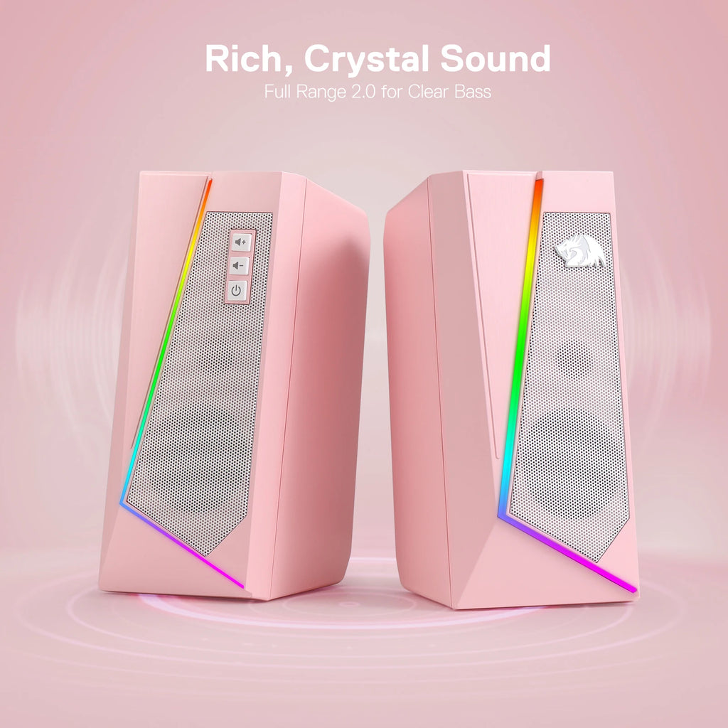 Redragon GS520 RGB Desktop Speakers, 2.0 Channel PC Stereo Speaker with 6 Colorful LED Modes, Enhanced Sound, White/Pink