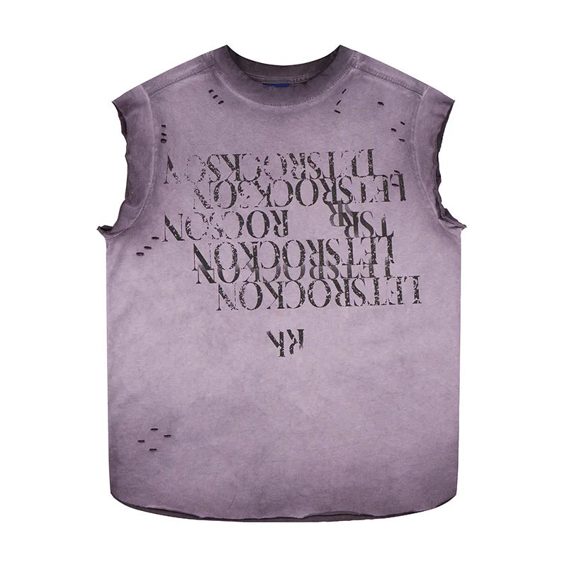 Men's Fashion Ripped Printed Tank Tops High Street Hip Hop Sleeveless Tees Streetwear Washed Vintage Tops For Male