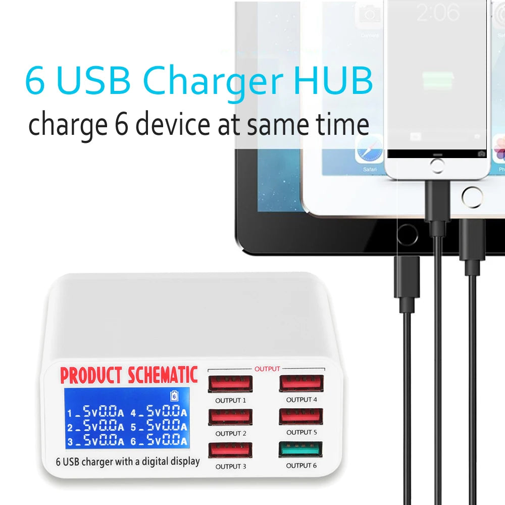 6-Port USB Charger Hub Fast Charging Station with LED Display Screen for Smart Phones Multiport Charging Station
