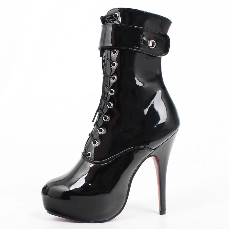 Sexy Single Boots Lace-Up 15cm High Thin Heel 4CM Platform Ankle Short Boots Unisex Plus Size Padlocks Boots