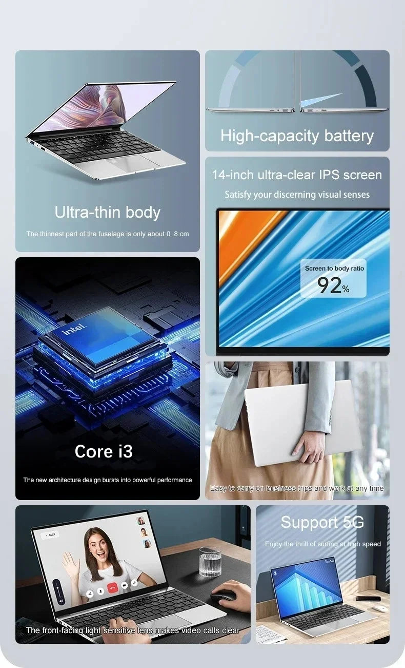 ultra-thin Laptop Intel Core i3 6th Processor 32GB RAM 1TB 2TB SSD 14.1 Inch Office Study Gamer Windows 11 Portable Notebook