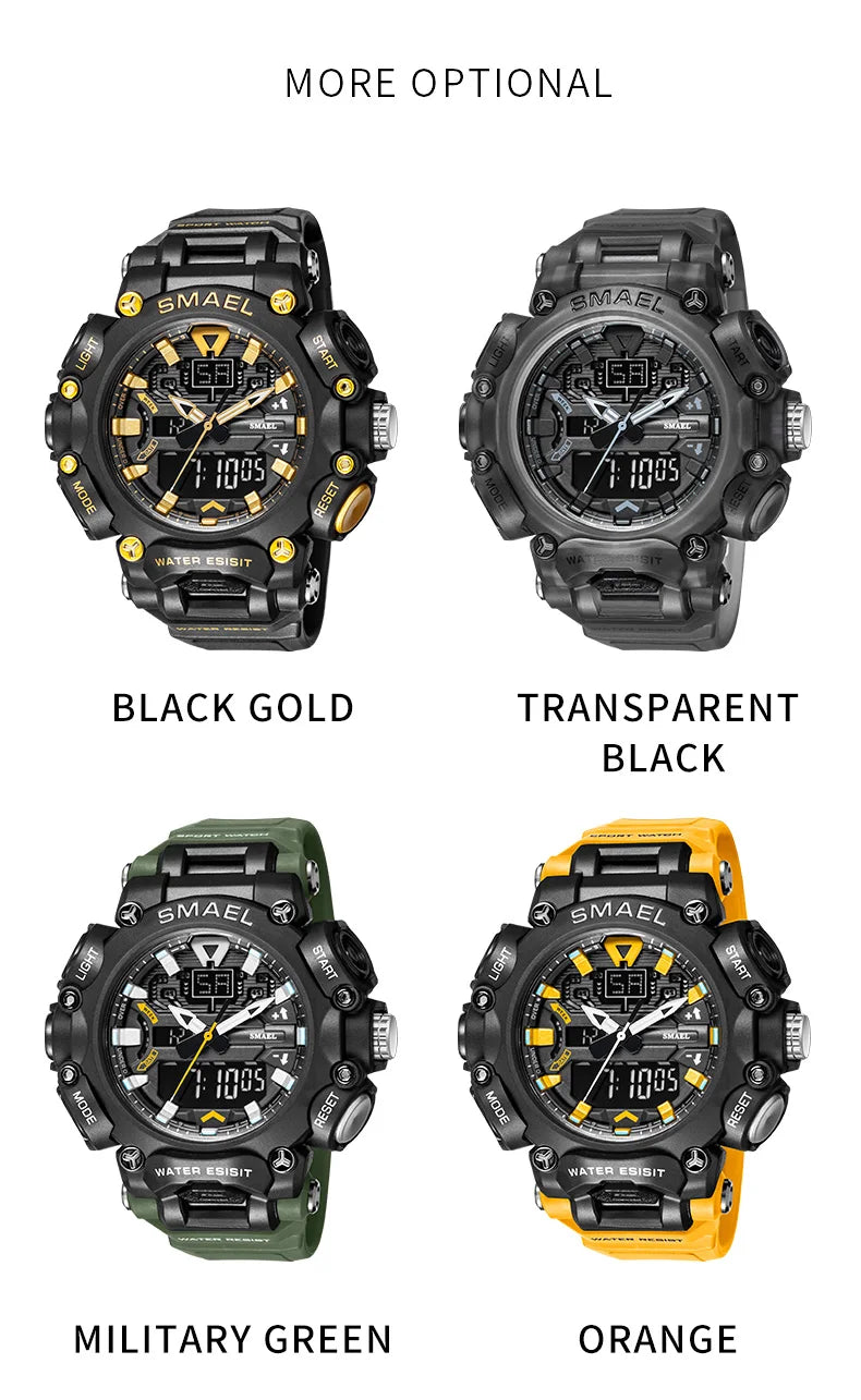 Military Watch Sport Waterproof 50M Stopwatch Analog Digital Wristwatches Week Display Alarm Clock 8053 Digital Watches Mens