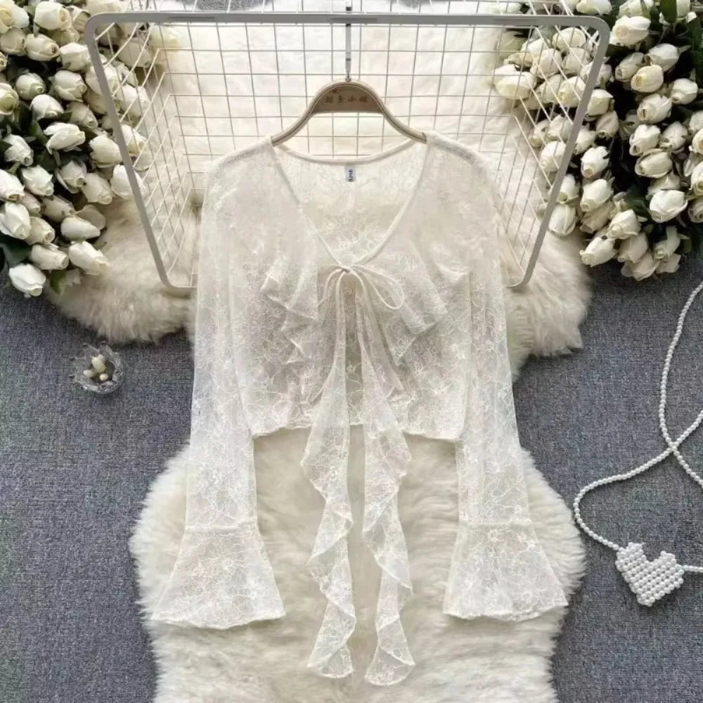 Women's Lace Cover Up Cardigan Cropped Tie Front Bell Sleeves Blouse Lightweight Shawl Jacket Outwear Blouse For Covers Clothing