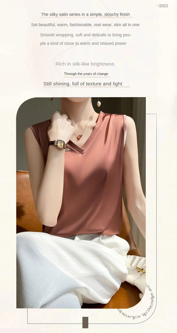 V-Neck Silk Vest Women's Summer Short Sleeved Top Acetate Satin Sleeveless Summer Shirt T-Shirt Loose Suspender Base YTM A39