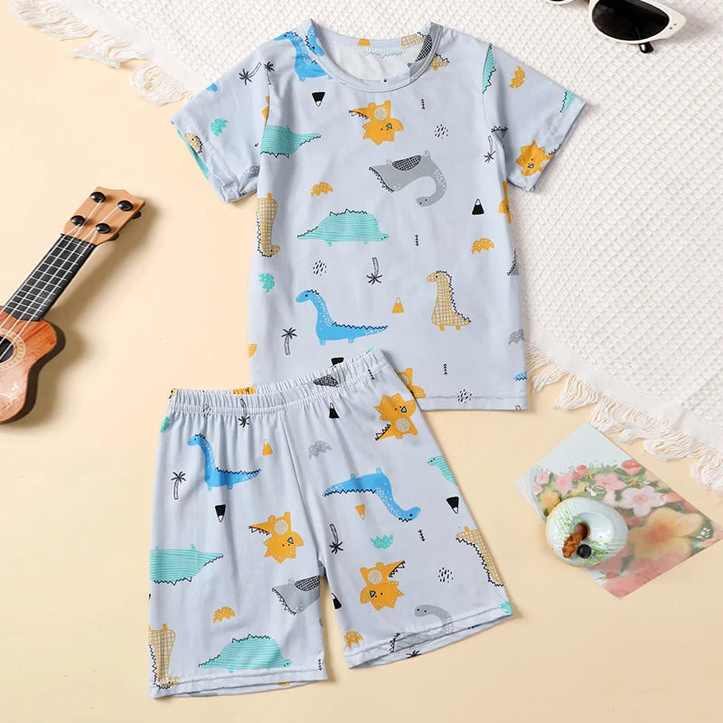 2-pcs Children's Summer Fashion Print Home Clothes Suit Boy Comfortable Joker Dinosaur Short-sleeved Girl Sweet Pink Shorts Suit