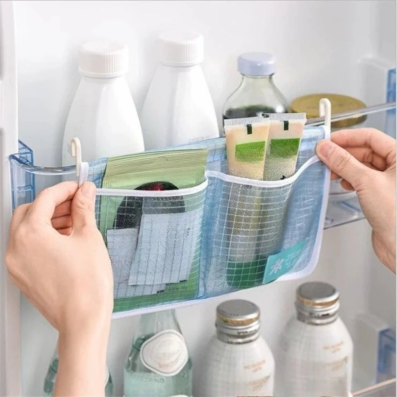 1PC Refrigerator Hanging Mesh Bag Double Compartment Storage Bag Fridge Side Door Organizer for Sauce Packet Kitchen Storage