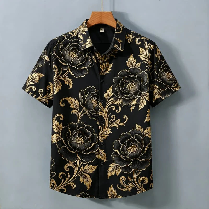 Men's Light Luxury Floral Print Short Sleeved Shirt With pockets,  Personalized Top For Holiday Beach Vacations