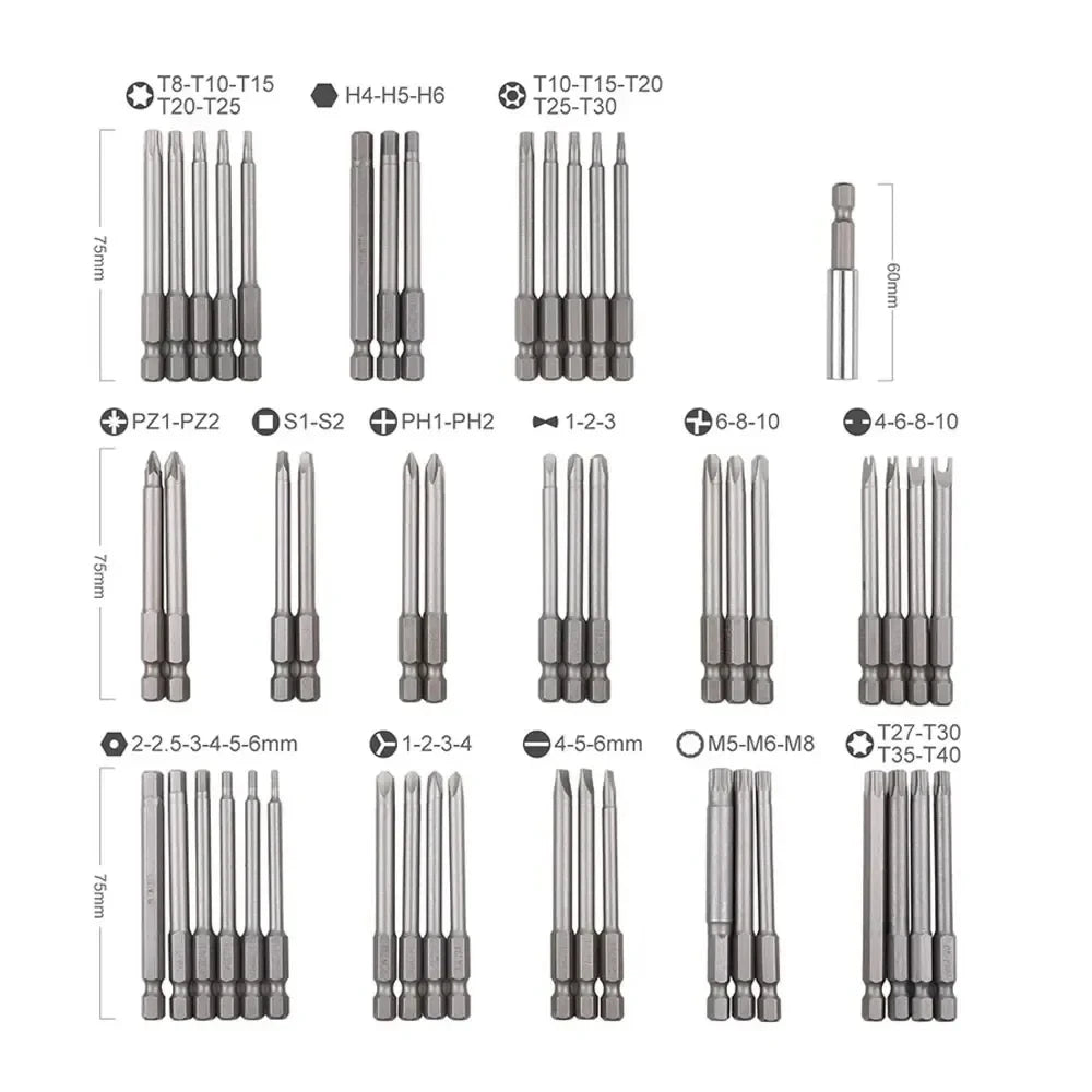 50pcs 75mm Extra Long Reach Bit Set Security Screwdriver Bits Torx Star Hex Bit