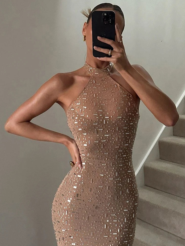 Kliou Sexy Fashion Dress Woman Fake Diamond Decoration o-Neck Off Shoulder High Waist Midnight Prom Party Elegant Long Bodycon