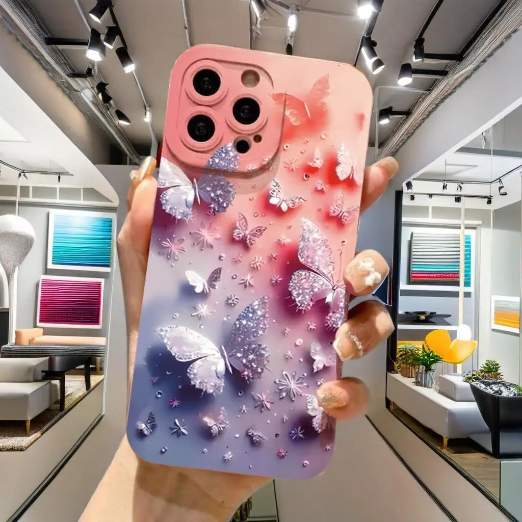 Butterfly & Floral Design Shockproof Phone Case for iPhone 7 8 16 15 16E XR XS X Plus 16 15 14 12 13 11 Pro Max SE2 Matte Cover