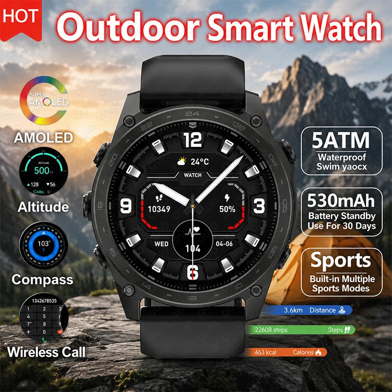 2026 New Sports Smart Watch Sports Mode Wireless Call 5ATM Compass Altimeter LED Flashlight 1.43 Inch AMOLED Screen Smart Watch