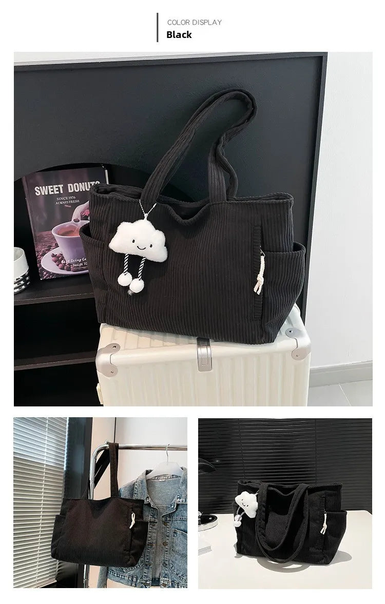 Corduroy Women Bag Fashionable Large Capacity Handbag Shoulder Bag Versatile Artistic Retro Student Class Bag with Zipper Pocket
