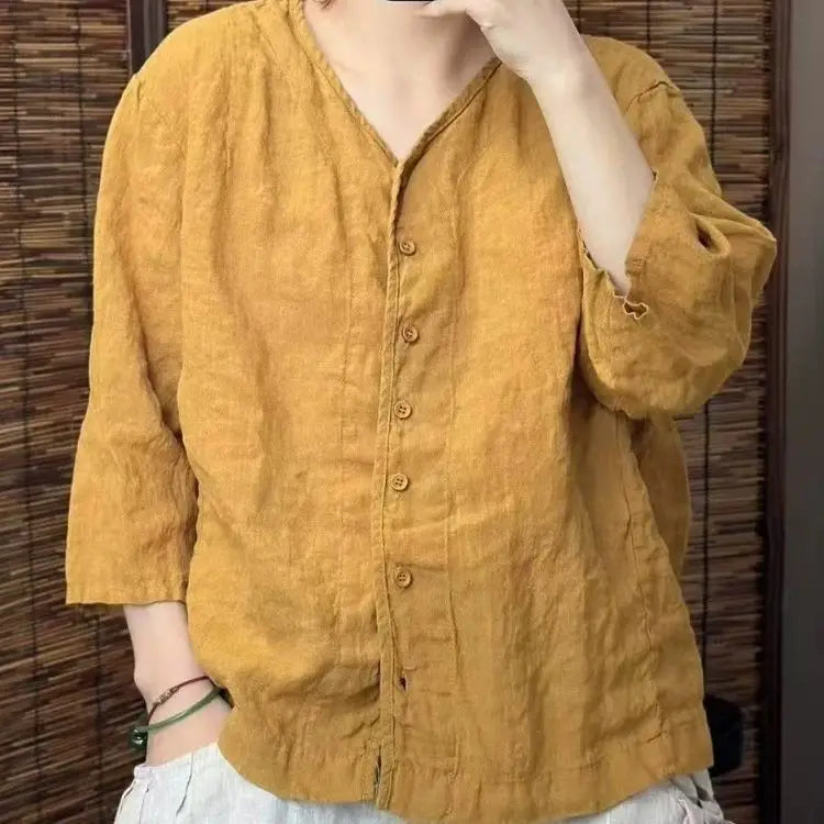 Women's Shirt 2025 Spring Summer Cotton and Linen Round Neck Retro Ladies Blouse Solid Age Reduction Lady Cardigan T-shirt