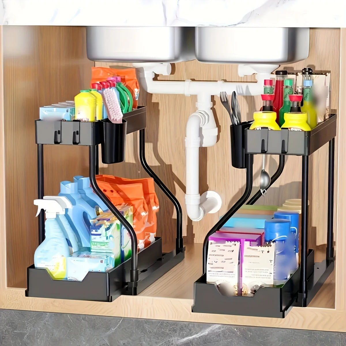 Kitchen lower sink rack Double pull-out countertop finishing rack Bathroom storage rack Kitchen storage rack