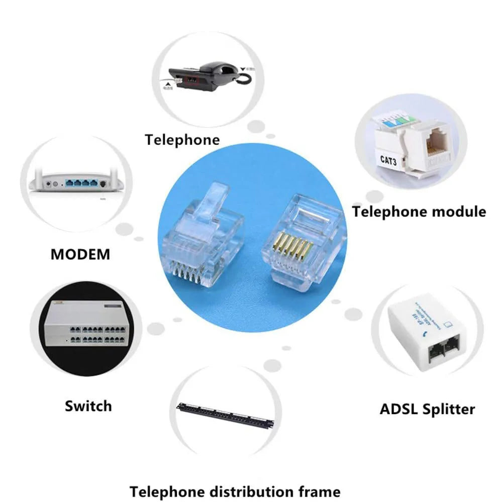 100Pcs 6P6C 4P4C RJ12 RJ9 Crystal Head Modular Plug Gold Plated Network Connector For Solid Phone Cables Connectors