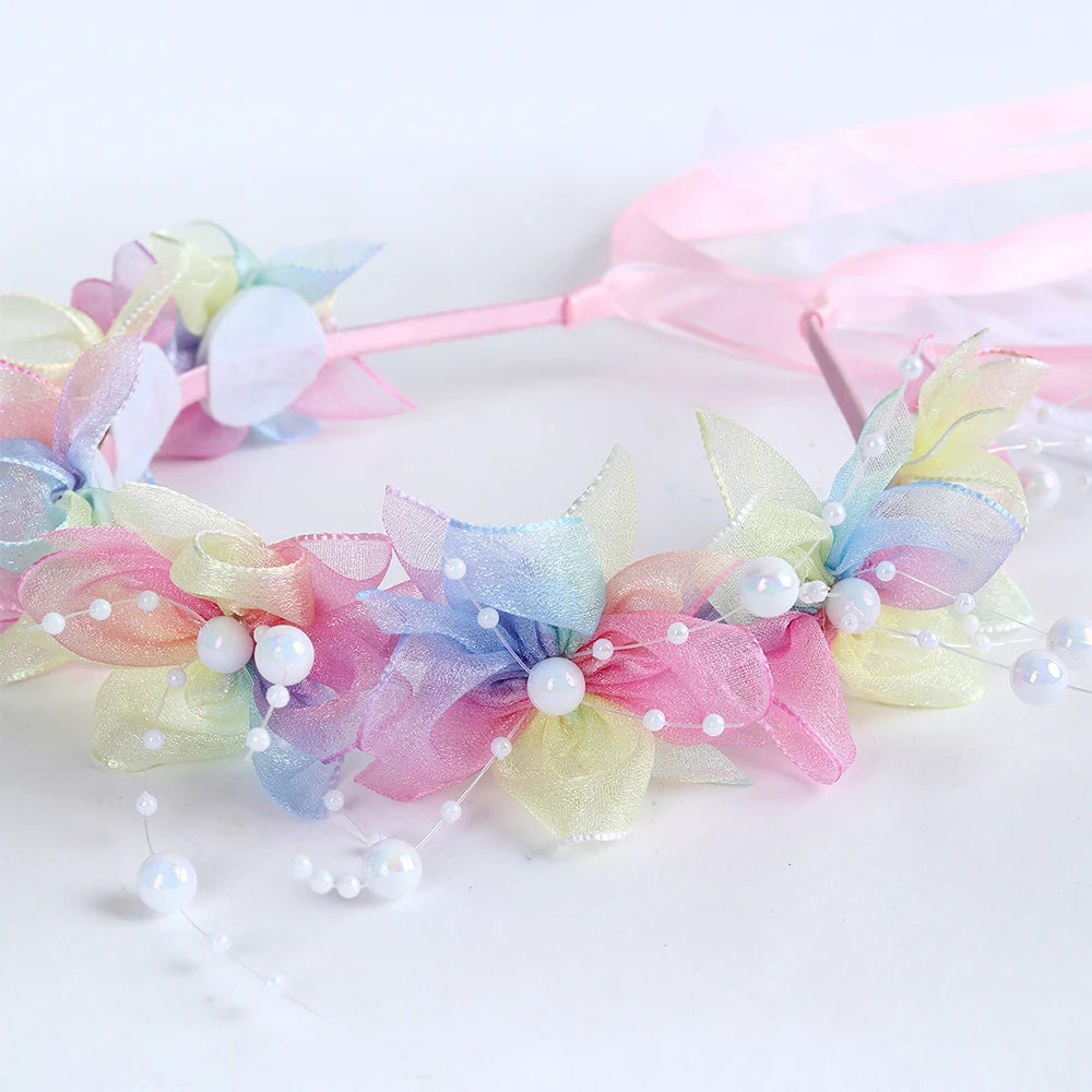 Fairy Flower Headband Sweet Lovely Girl Lace Floral Pearls Hair Hoop For Princess Wedding Birthday Headwear Accessories Gifts