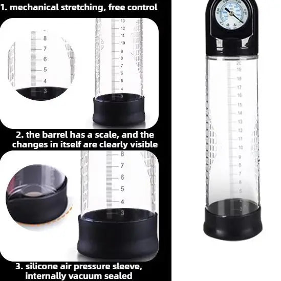 Effective Penis Pump for Men Enlargement Vacuum Dick Extender with Pressure Gauge Realistic Vaginal Sleeve 3 Silicone Inserts