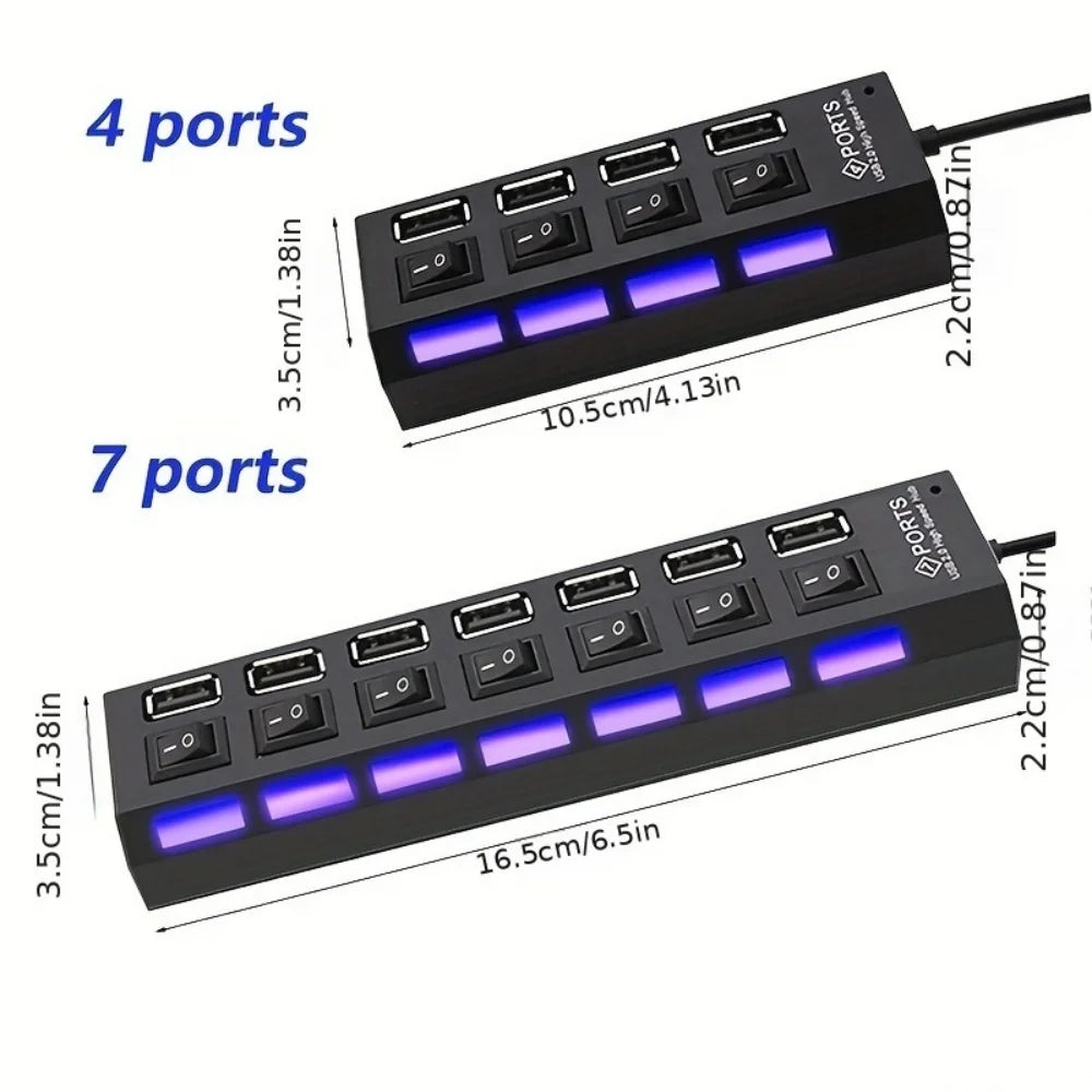 4/7 Port USB 2.0 Hub with Switch and LED High Speed Multi Splitter Expander Adapter For PC Laptop Desktop Computer Accessories