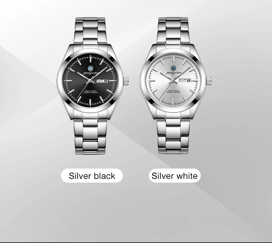 PAAZOMU Fashion Men's Quartz Watch Luminous Hands Date Week Stainless Steel Strap Waterproof Casual Wristwatch Quartz Men Watch