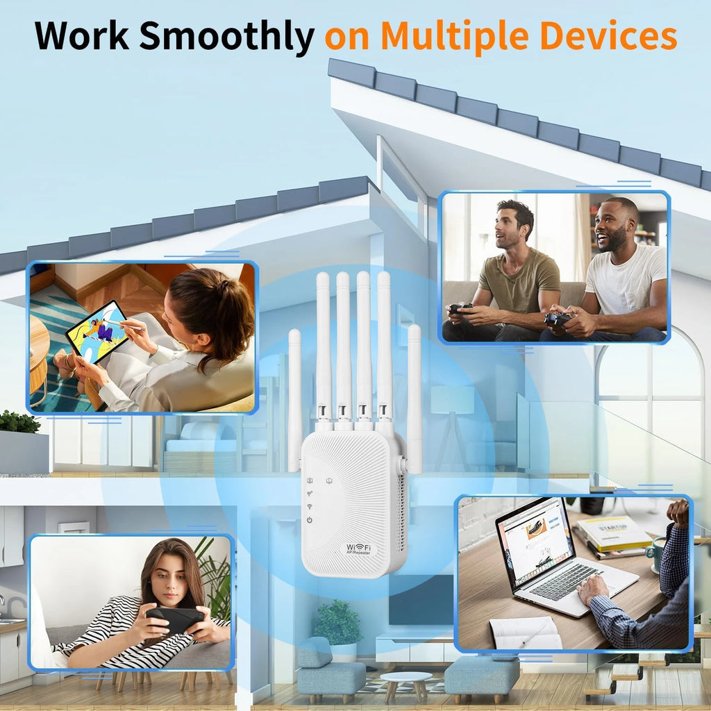 Upgraded Wifi Extender 6 Antennas Dual Band 1200Mbps Through Wall Easy Setup For Home Office Bedroom Wireless Signal Booster Use