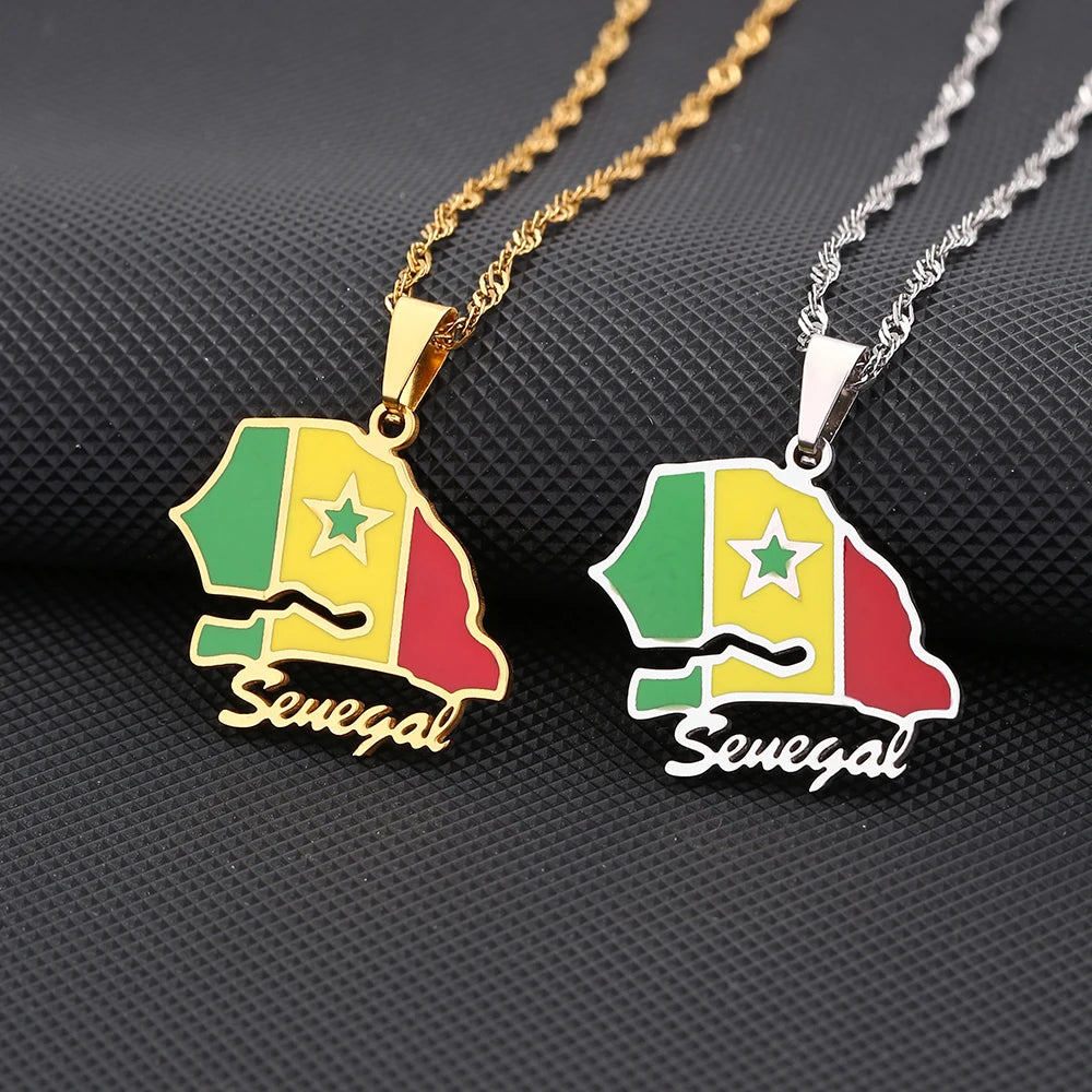 African Sénégal Map Flag Pendant Necklace Stainless Steel Men Women Senegal Maps Jewelry Gift