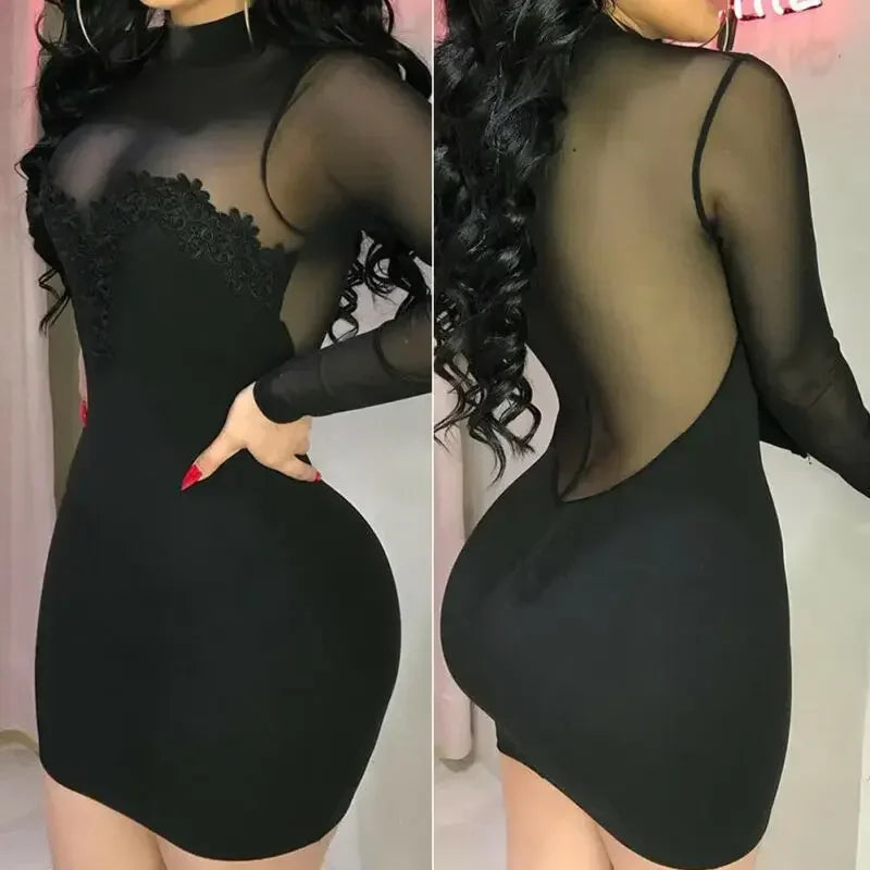 Women Elegant Mini Dress Chiffon Sexy Transparent Strapless Party Bandage Bodycon Mini Dresses Female Black Vestidos Clothes