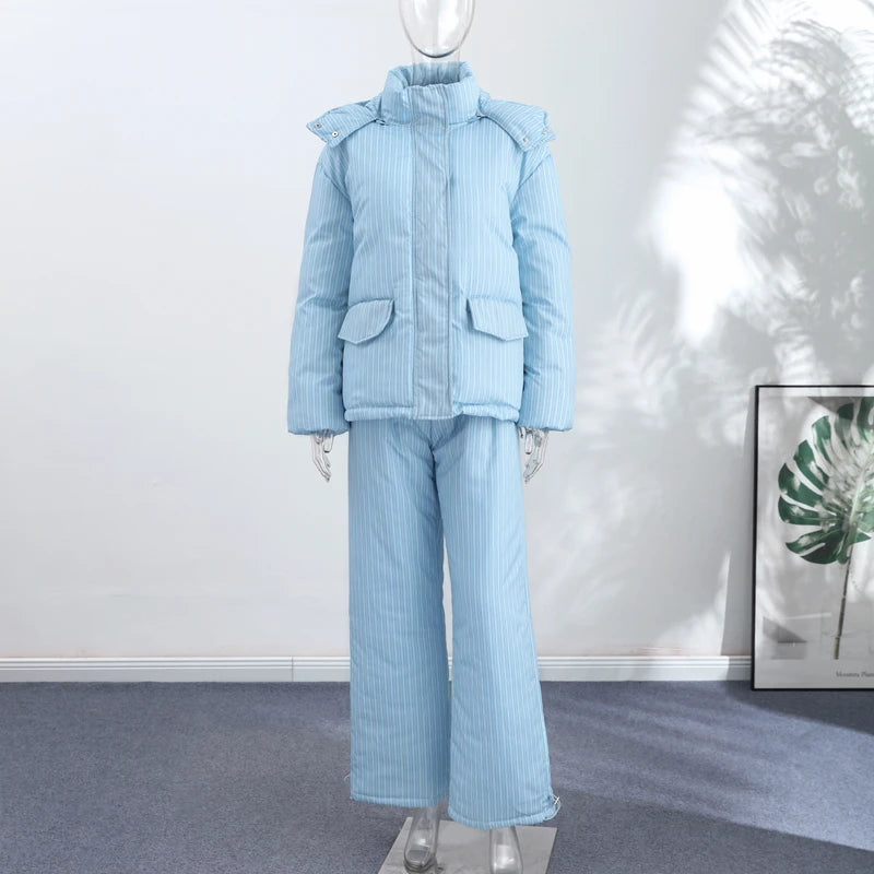 Chic Striped Hooded Puffer Coat Set Women Quilted Full Sleeve Zip Jacket Wide Leg Pants 2026 New Lady Autumn Winter Warm Outfit