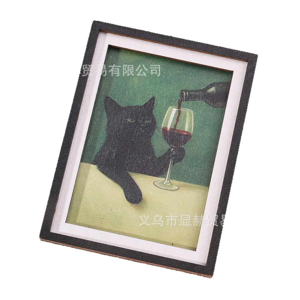Black Cat Wine Fridge Magnet, Cute Mini Framed Art Refrigerator Magnet, Summer Home Decor Magnet for Kitchen, Fridge, Whiteboard