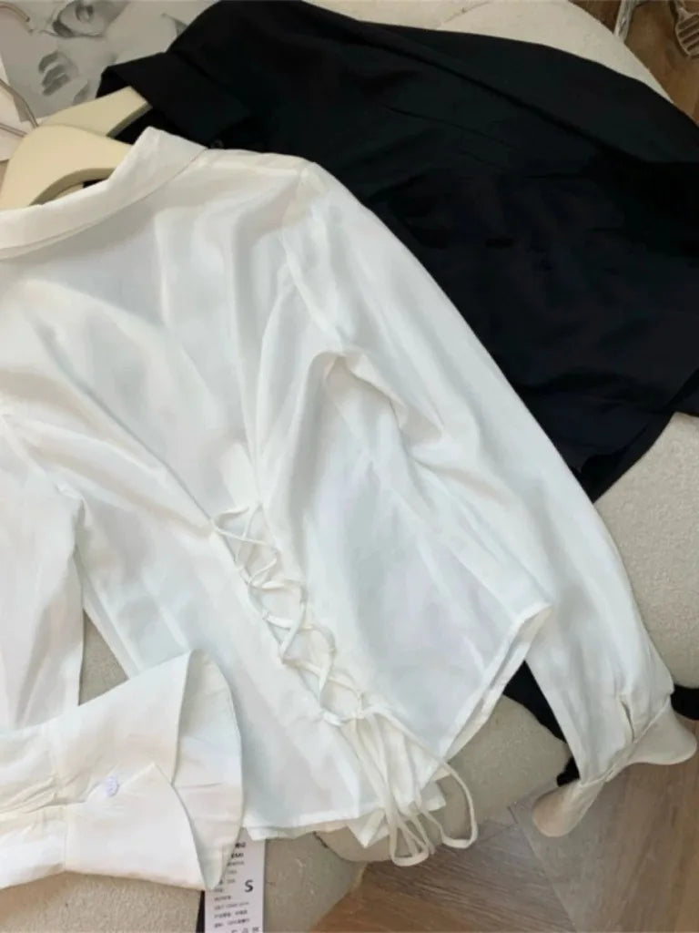 Sexy Slim Flared Sleeve Women's Shirt Solid Lapel Single-breasted Back Bandage Tunic Female Blouses Spring Trend New Lady