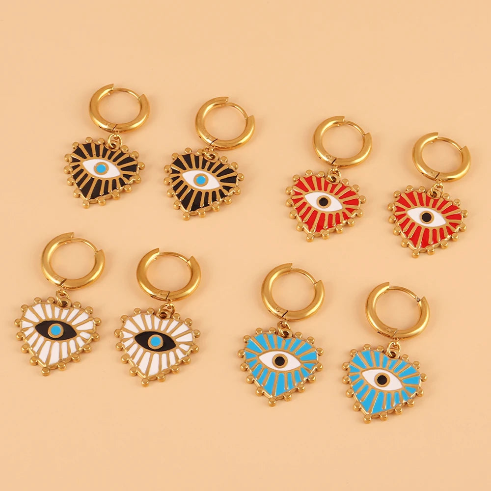 Vintage 316L Stainless Steel Turkish Evil Eye Hoops Earrings Huggie Drop Heart Pendant Earrings For Women Daily Jewelry Gifts