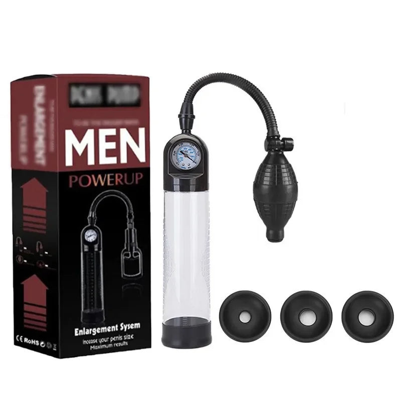 Effective Penis Pump for Men Enlargement Vacuum Dick Extender with Pressure Gauge Realistic Vaginal Sleeve 3 Silicone Inserts