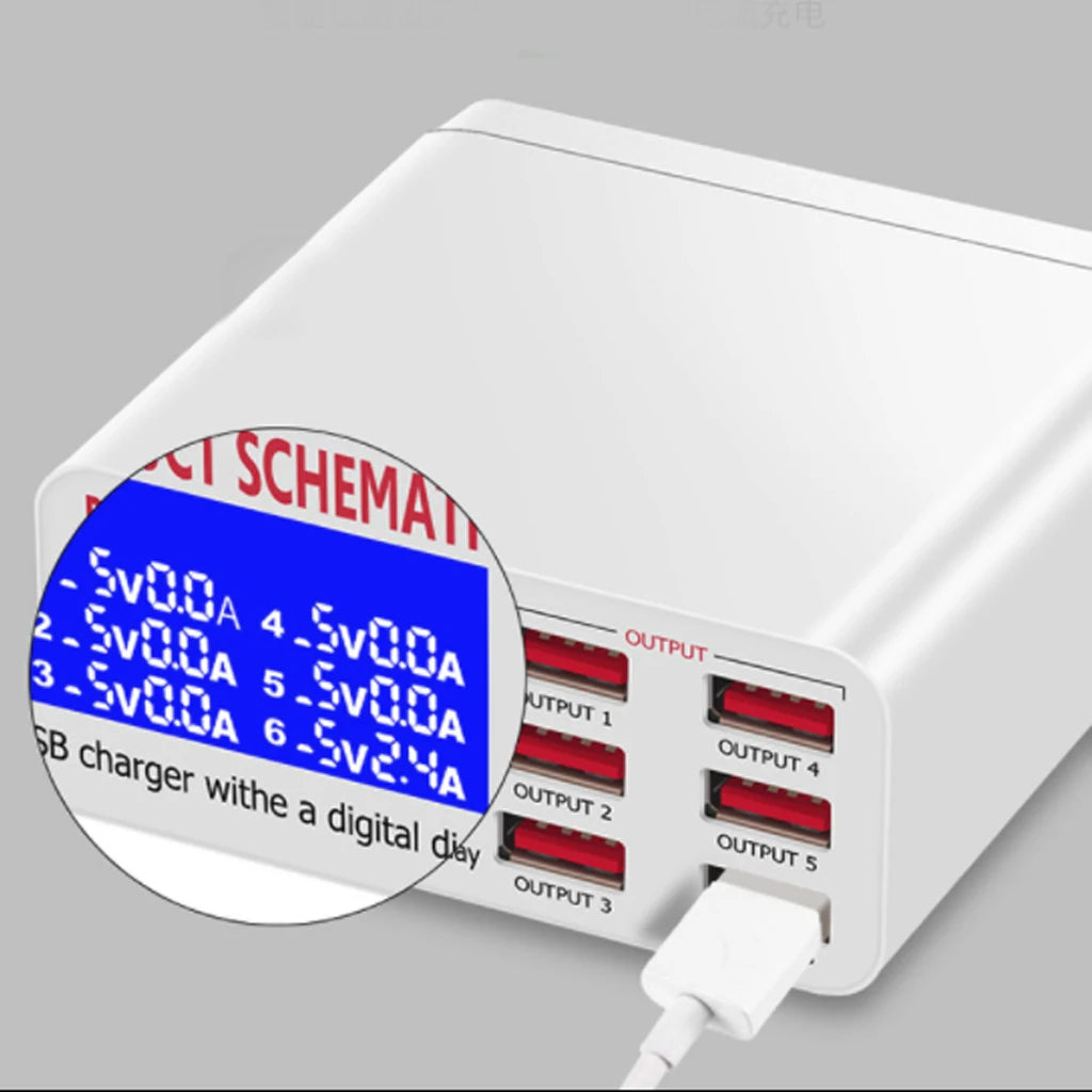 6-Port USB Charger Hub Fast Charging Station with LED Display Screen for Smart Phones Multiport Charging Station