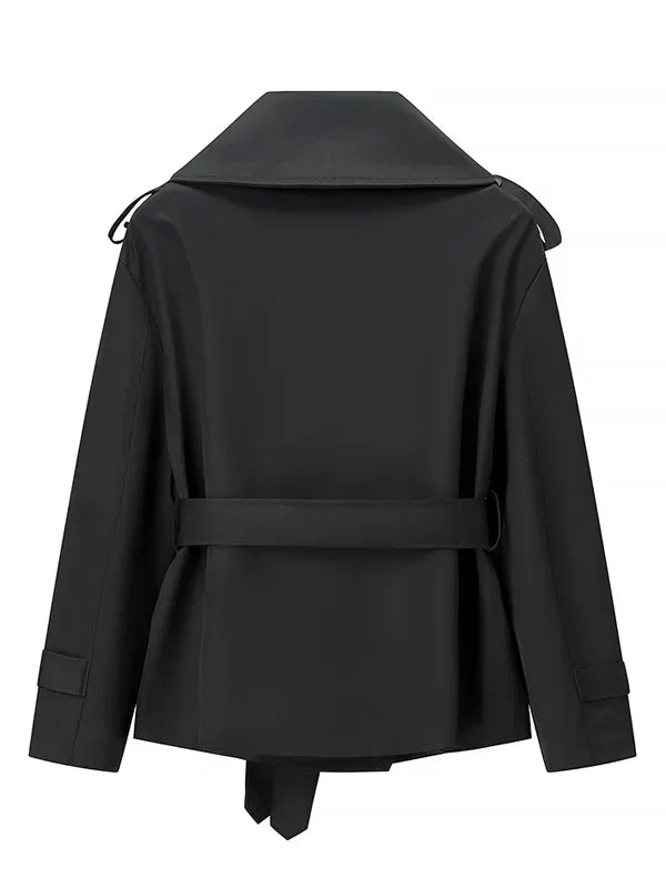 Solid Belted Waist Short Trench Coat Women Chic Wide Lapel Epaulet Detail Loose Long Sleeve Coats Fall Daily Commuter Outerwear