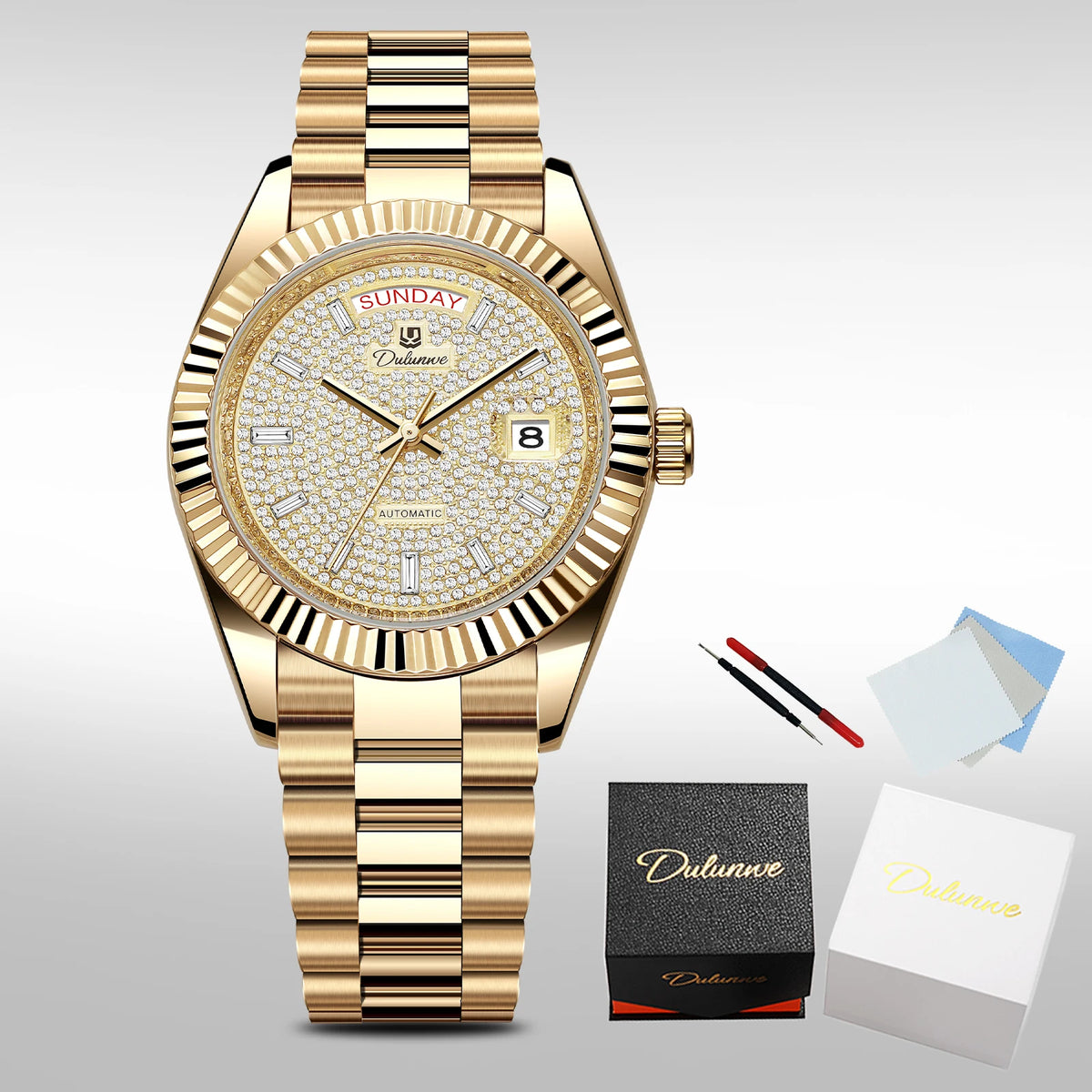 Dulunwe Automatic Watches for Men Day Date Classic 41MM Retro Mechanical Wristwatch 3ATM Waterproof Screw-in Crown Design